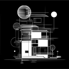 Poster - Architectural blueprint of a modern house with geometric shapes and linear details on a black background