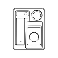 Poster - Outline of a rectangular tray with various compartments and circular elements in a simple design style