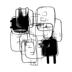 Poster - Abstract sketch of overlapping shapes with black and white fill in a minimalist style drawing art
