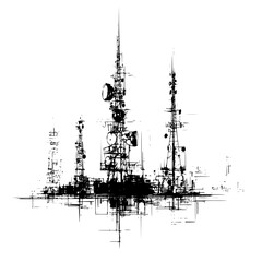 Poster - Illustration of three communication towers with various antennas and dishes in black and white style art