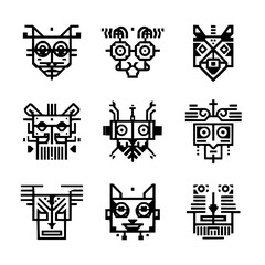 Poster - Collection of nine abstract geometric animal like faces with intricate line work and symmetrical designs