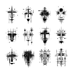 Poster - Collection of twelve abstract black and white face designs with geometric and tribal influences art work