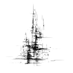 Poster - Abstract black and white composition featuring a central vertical structure formed by intersecting lines and marks