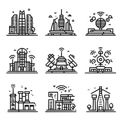 Poster - Illustration of various futuristic cityscapes and tech structures in a minimalist line art style office life