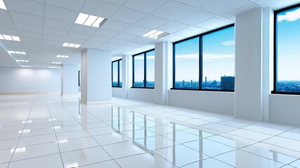 Poster - Modern empty office space with large windows showcasing a city skyline and bright lighting