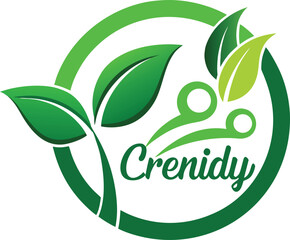 Poster - Green circular logo with stylized leaves and the word crenidy representing nature growth and eco friendly concepts isolated on transparent background