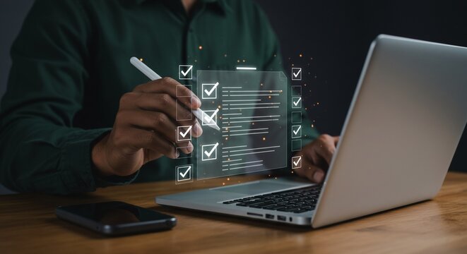 Digital checklist completion on laptop with stylus and glowing checkmarks