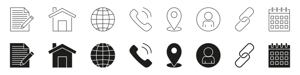 Fototapete - Document, Home, Globe, Phone, Location, User, Link, Calendar Line And Solid Icon Set. Communication, Navigation, Scheduling Symbol Collection. Business And Personal Use. Isolated Vector Illustration
