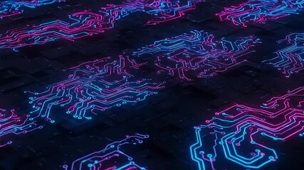 Poster - Glowing circuit board pattern in blue and pink, against a dark textured background