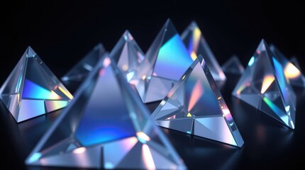 Poster - Colorful glass pyramids reflecting light in a dark setting create a stunning visual display