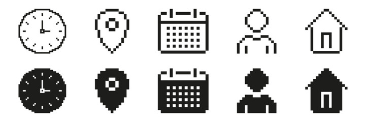 Fototapete - Pixel Art Icon Set Featuring Clock, Location Pin, Calendar, User, And House Symbols. Time Management, Navigation, Scheduling, User Profile, And Home Concepts. Isolated Vector Illustration