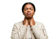 © Vooglo.com - A young woman with closed eyes and a grimace holds her neck, appearing to have a sore throat, isolated on a transparent background