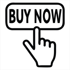 Fototapete - A black line drawing of a hand cursor pressing a buy now button, isolated on a white background. Ideal for use in e-commerce interfaces, online shopping apps, digital marketing materials, UX/UI mockup