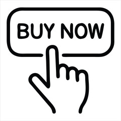 Fototapete - A black line drawing of a hand cursor pressing a buy now button, isolated on a white background. Ideal for use in e-commerce interfaces, online shopping apps, digital marketing materials, UX/UI mockup