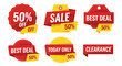 © Kecebong Anyut - A set of six vector sale badges and stickers in red and yellow, advertising different promotions and discounts for retail and e-commerce businesses.