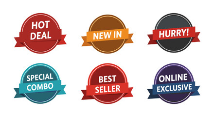 Poster - A set of six vibrant flat design promotional badges with ribbon banners, showcasing various e-commerce offers and marketing messages.