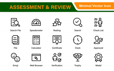 Poster - Assessment and review icon pack. Includes rating stars, surveys, feedback forms, and assessment tools.
