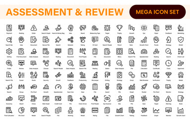 Poster - Assessment and review icon pack. Includes rating stars, surveys, feedback forms, and assessment tools.