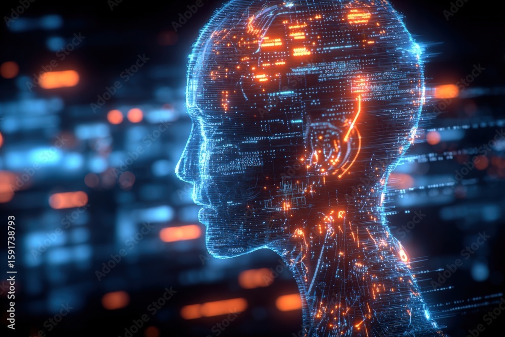 Futuristic Digital Human Head Profile with Circuitry and Data Streams ...