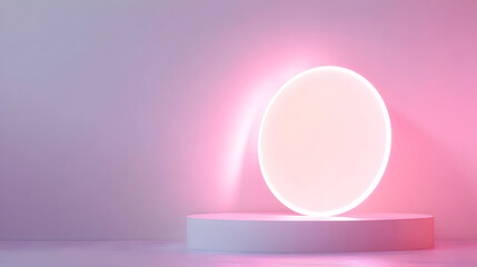 Poster - Modern minimalist stage, showcasing a bright circle backdrop in pastel pink tones