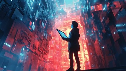 Poster - Young male programmer analyzing futuristic digital interface in high-tech environment with glowing screens and vibrant colors