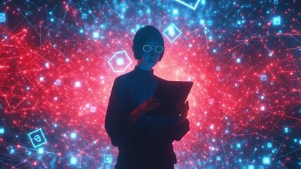 Poster - Silhouette of a woman using a tablet in front of a digital neural network background