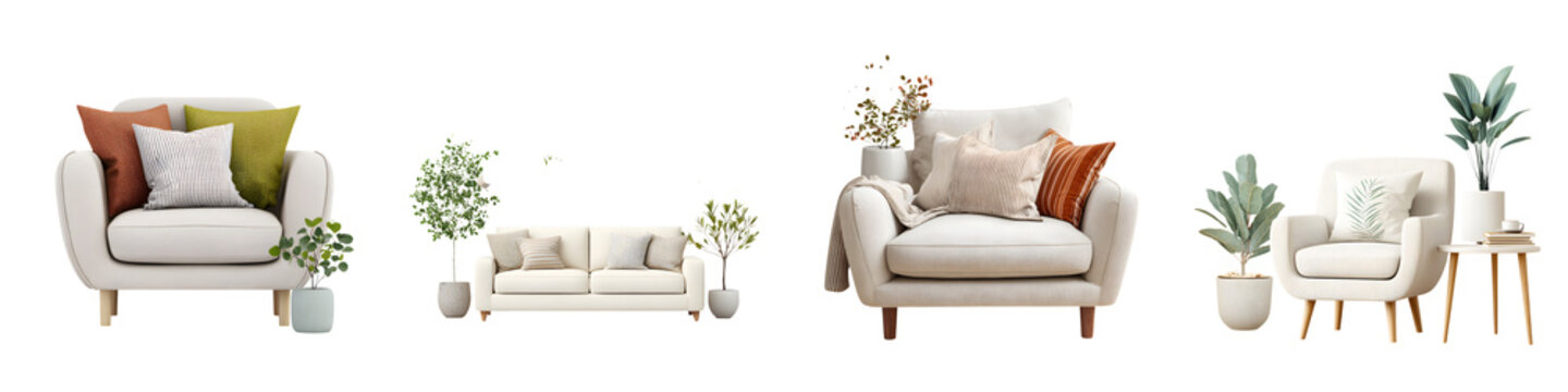 Living Room Furniture Collection: Cozy Sofas and Armchairs with Plants