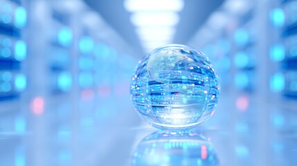 Fototapete - Holographic Earth in Server Hub, a dynamic representation of a 3D Earth surrounded by orbiting global streaming icons, set in a modern digital environment.