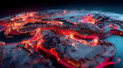 Poster - Cybernetic Landscape, a vibrant digital map showcasing an expansive cyber network with glowing fiber optics, interconnected data clusters, visually striking and banner-friendly design