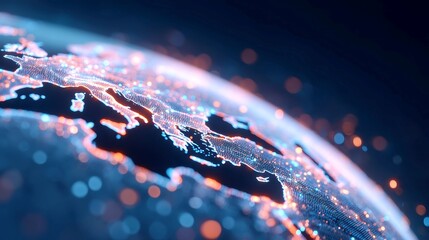 Poster - Digital Globe Network, a futuristic visualization of a high-tech globe adorned with interconnected nodes and data lines, suspended in a vibrant cyberspace environment