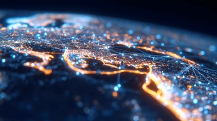 Poster - Global Nightscape, a captivating satellite perspective showcasing illuminated city networks, vibrant data connections, and a sleek technological aesthetic across the planet.