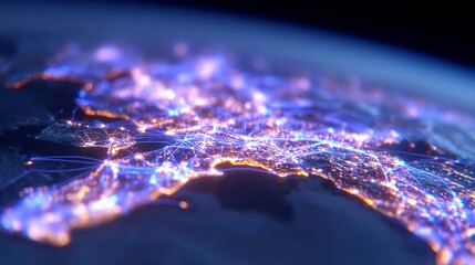 Poster - Satellite view of Earth illuminated at night, vibrant city networks glowing, intricate data lines connecting urban areas, showcasing a high-tech global perspective