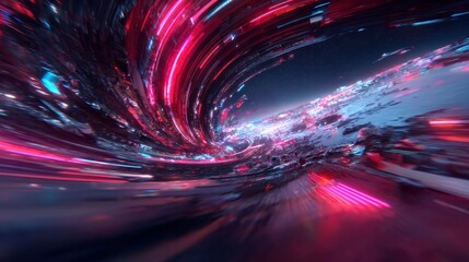 Fototapete - Neon Data Tunnels, vibrant streaming data pathways encircling a planet, dynamic neon lines create a captivating visual for wide-screen banner design