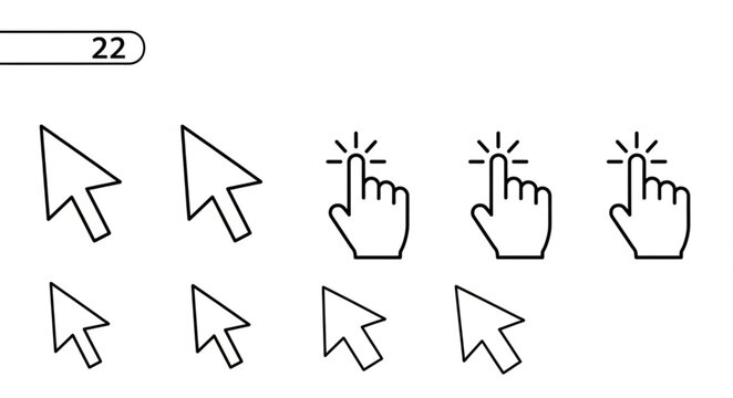 A collection of cursor and hand icons in a variety of styles arranged on a white background surface