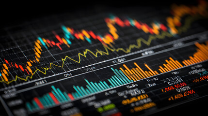 Poster - A detailed business graph illustrating market performance, with clearly defined axes and data points highlighted in bright colors, emphasizing financial analysis.