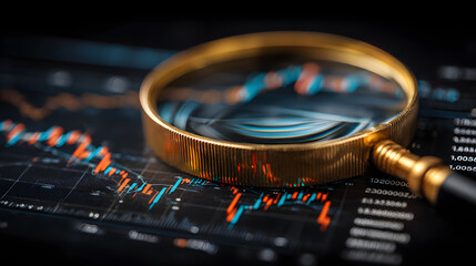 Poster - Close-up of a magnifying glass over a financial graph, highlighting detailed analysis, data trends, and visualization of market performance.