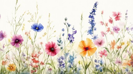 Wall Mural - Beautiful seamless floral water color pattern Set, watercolor wild flowers, leaves and grass,Collection botanic garden elements. Vector isolated illustration in rustic or vintage style,copy space.