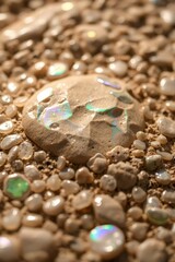 Poster - Beautiful iridescent stones on sandy surface illuminated by sunlight during golden hour