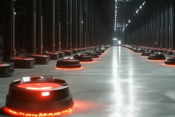Poster - Robotic cleaners operate in a large, dimly lit industrial space at night