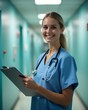© Arum - Smiling nurse holding clipboard in hospital corridor