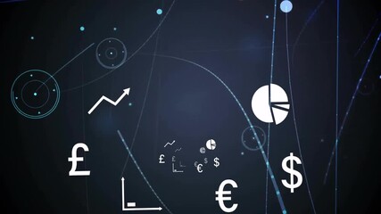 Poster - White financial icons floating, growing, orbiting neon lines, flare bursting, representing growth