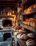Świeżo wypieczone chleby ułożone na drewnianym regale w piekarni. W tle widoczny tradycyjny piec, który podkreśla rzemieślniczy charakter miejsca.