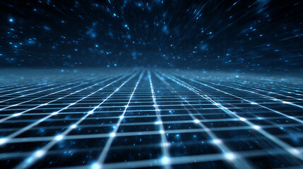 Poster - A dynamic 3D grid landscape with glowing lights, showcasing a futuristic digital environment that inspires innovation and creativity.