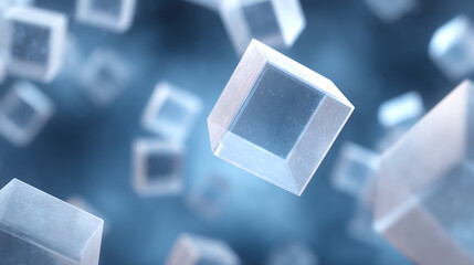 Poster - Abstract background featuring floating crystalline shapes with a soft blue glow, perfect for science and technology themes.