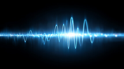 Poster - Abstract representation of sound waves, showcasing a vibrant blue spectrum on a dark background, perfect for digital designs and projects.