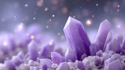 Poster - Stunning purple crystals sparkling in light, showcasing intricate details and natural beauty, perfect for backgrounds and artistic projects.