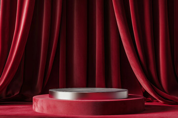 Poster - Red podium with theater curtains and spotlight, pedestal stage for luxury fashion generative AI