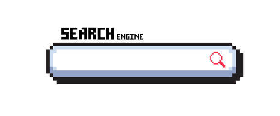 Poster - Pixel 8-bit search engine on white background.