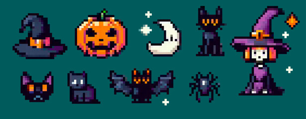 Wall Mural - Vector illustration in pixel art style features a Halloween theme with witches, black cats, a pumpkin, bat, moon, spider, and stars.