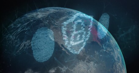 Poster - Rotating 3D Earth generating fingerprint holograms scanning padlock shield while blocking breaches